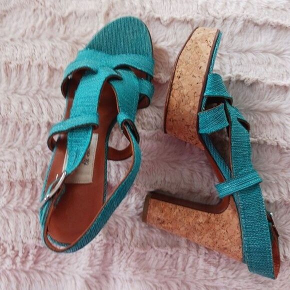 Lanvin Teal Platform Cork Sandals Heels Size 6 - Picture 5 of 8